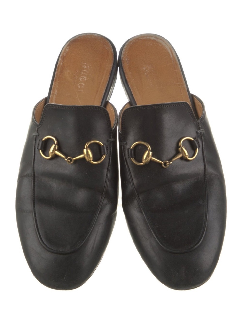 Black Leather Backless Loafers with Gold Horsebit Accent - Picture 7 of 9